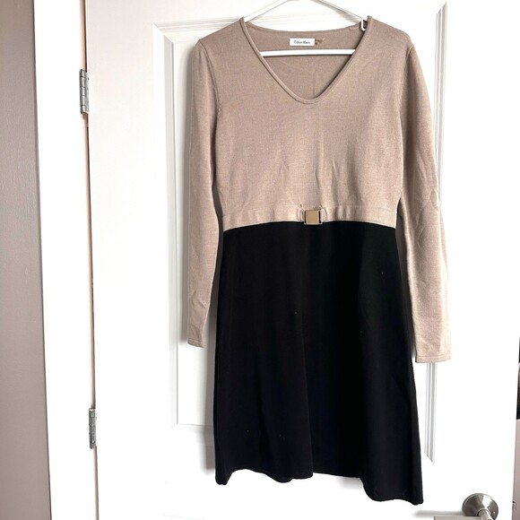 Calvin Klein Knit Dress Color Block Black/Beige Long Sleeve Size M - Picture 1 of 6